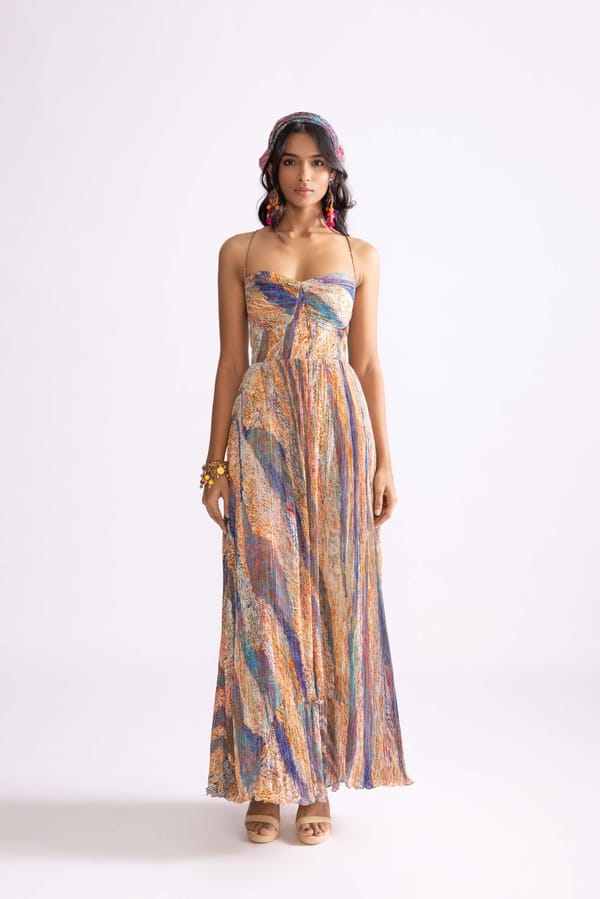 Multicolour Wave Print Pleated Chiffon Maxi Dress — Saaksha and Kinni