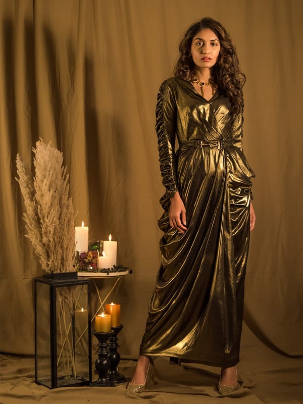 Marquee Gold Drape Gown With Belt — HOUSE OF FETT