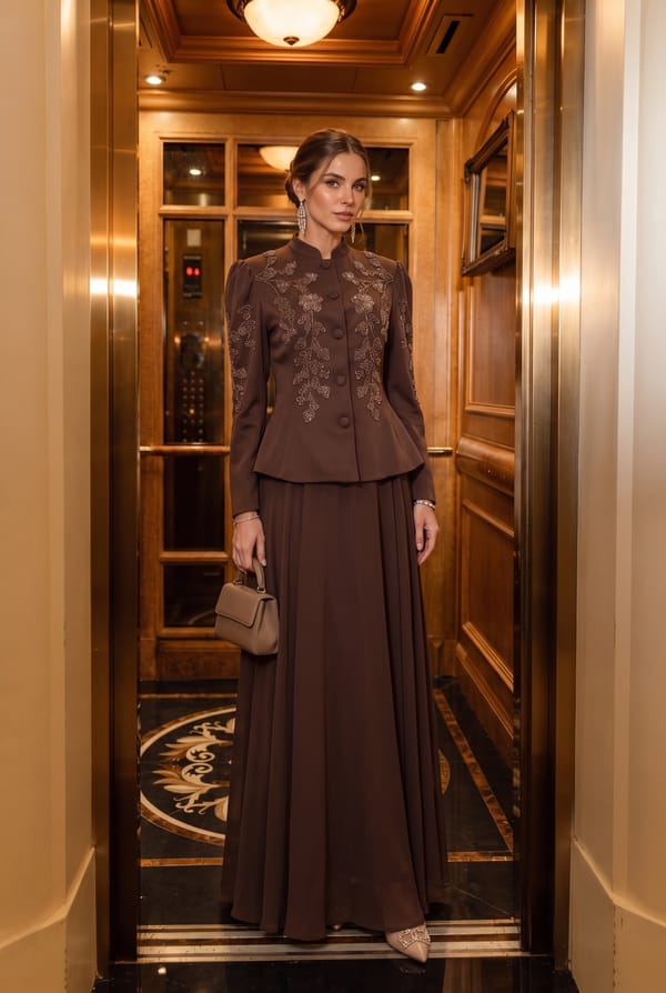 Brown Floral Embellished Peplum Blazer And Skirt Set — Miss Gloria