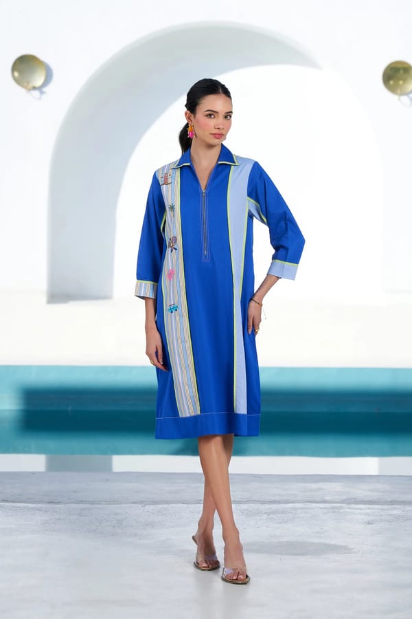 Blue Colorblock Collared Midi Dress with Zip Front — STITCH STORIES