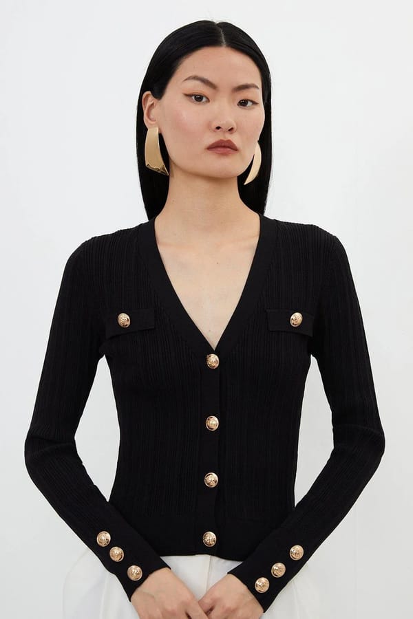 Black Rib-Knit V-Neck Button-Front Top — KAREN MILLEN