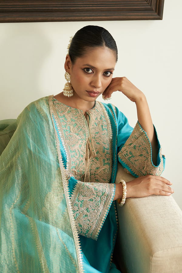Turquoise Chanderi Silk Embroidered Kurta Set — Chakkraa