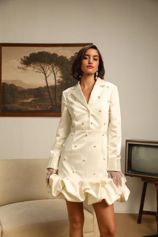 White Pearl-Embellished Satin Blazer Mini Dress — BELONG