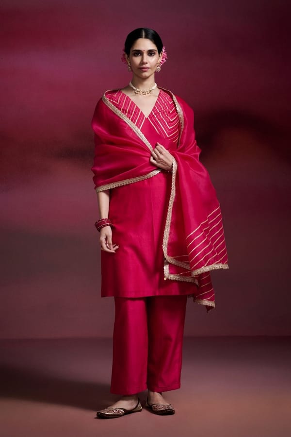 Rani Pink Straight Chanderi Silk Kurta Set — Dressfolk