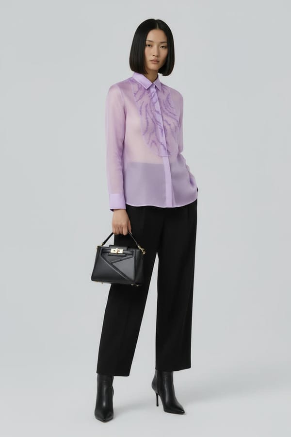 Lavender Sheer Organza Shirt with Tonal Bead Embroidery — Genes Lecoanet Hemant