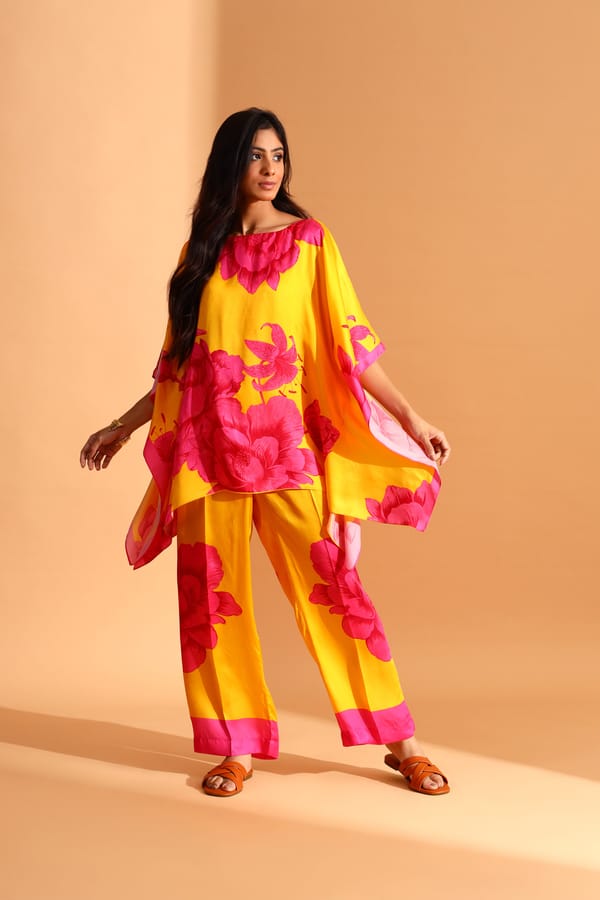 Dandelion Yellow and Magenta Floral Free-Size Kaftan — Moh India