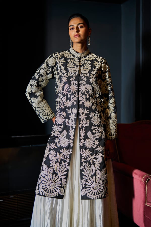 Black/Gold Gota Embroidered Longline Jacket — Dash and Dot