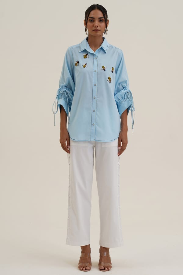 Powder Blue Cotton Shirt with Honey Bee Patch Motifs — STITCH STORIES