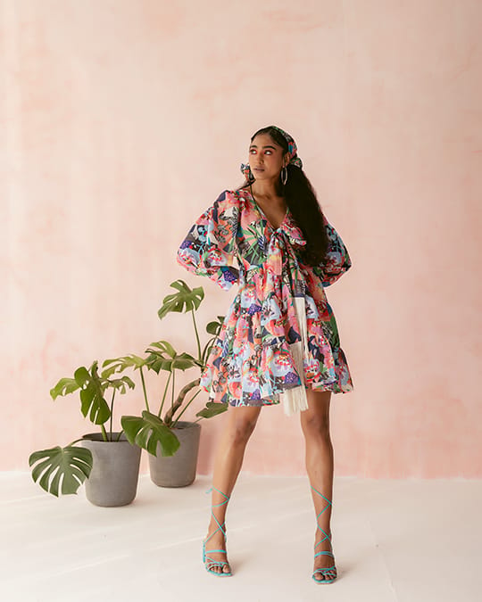 Blue Multicolor Printed Tiered Mini Dress with Front Tie — MAI TAI
