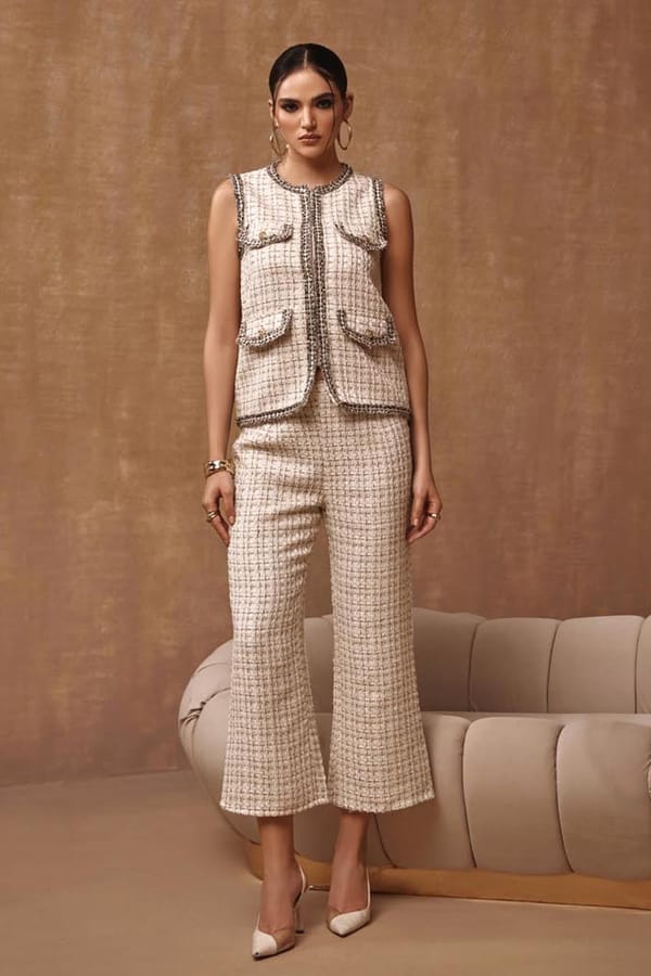 Creme Metallic Tweed Vest and Flared Pants Co-ord Set — BOHO-CHIC