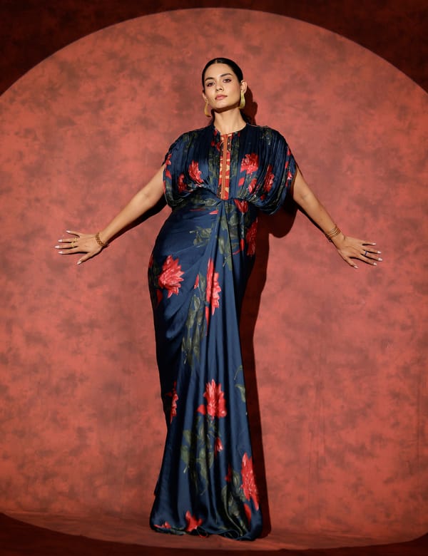 Peacock Blue Floral Kaftan Maxi Gown with Front Zipper — STUDIO SURBHI