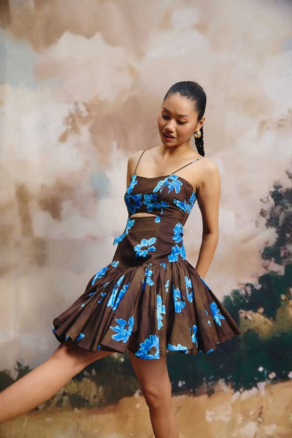 Brown and Blue Floral Cut-Out Fit and Flare Mini Dress — Zip by Payal Zinal