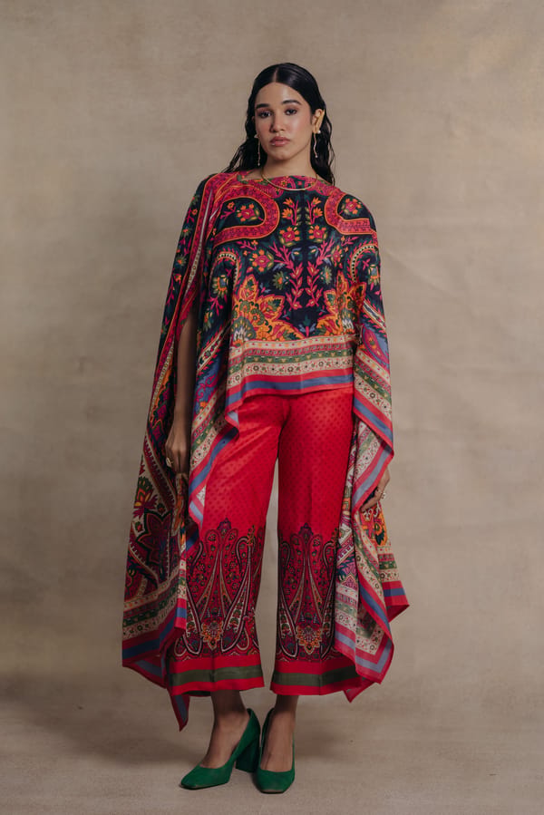 Red Wide-Leg Paisley Printed Trousers — Moh India