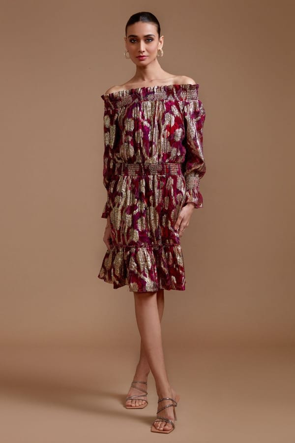 Burgundy and Gold Off-Shoulder Metallic Floral Mini Dress — BOHO-CHIC