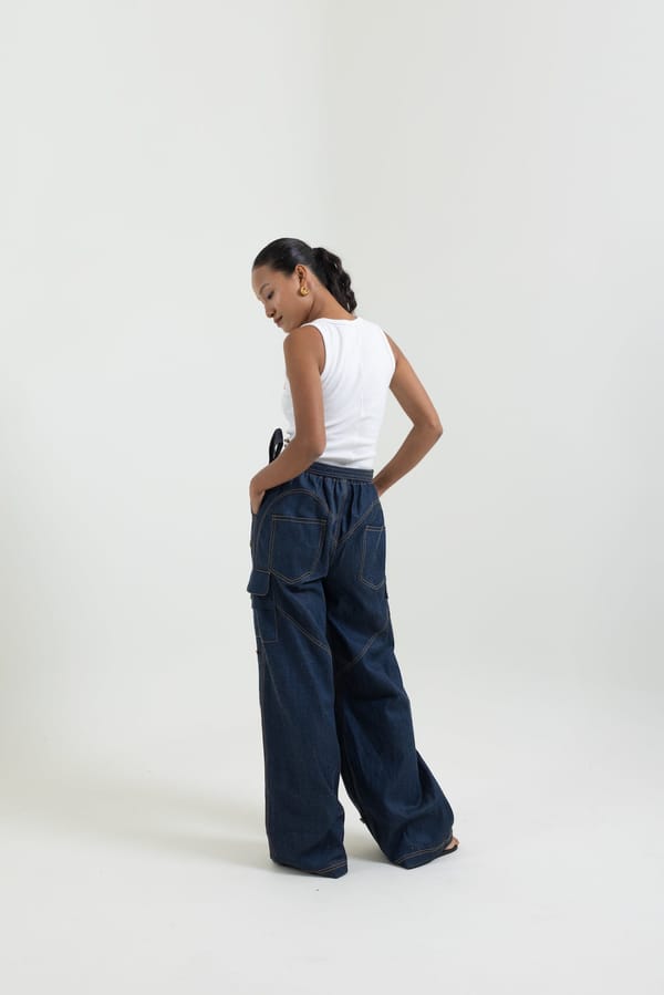 Blue Denim Gemstone Embellished Wide-Leg Cargo Trousers — Label Sugar