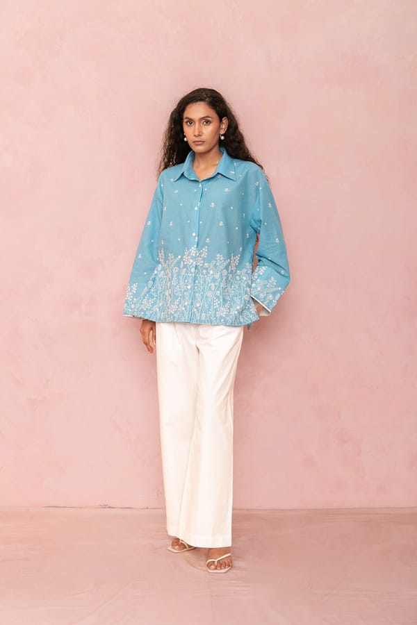 Blue Cotton Floral Print Button-Down Shirt — LABEL NAARITI