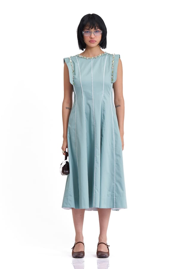 Plume Blue Cotton Satin Fit and Flare Midi Dress — Our Love