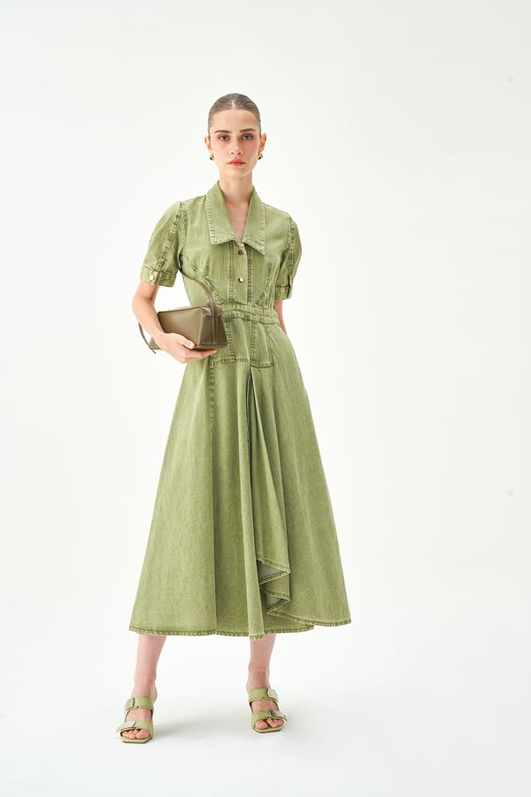 Green Denim Collared Button-Front Midi Dress — NOTEBOOK