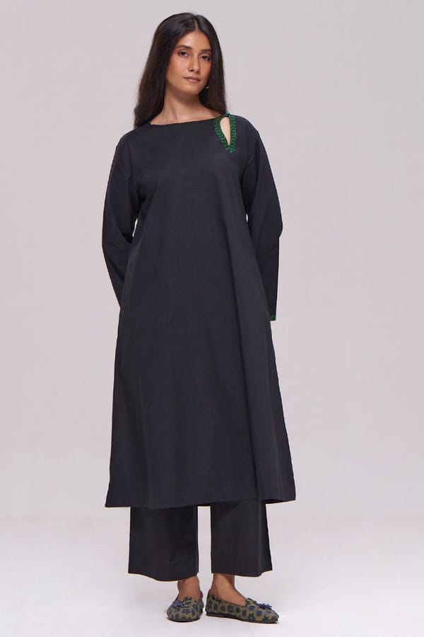 Black Cotton Kurta and Pant Co-ord Set with Keyhole Neck — Ganga Fashions Pvt Ltd
