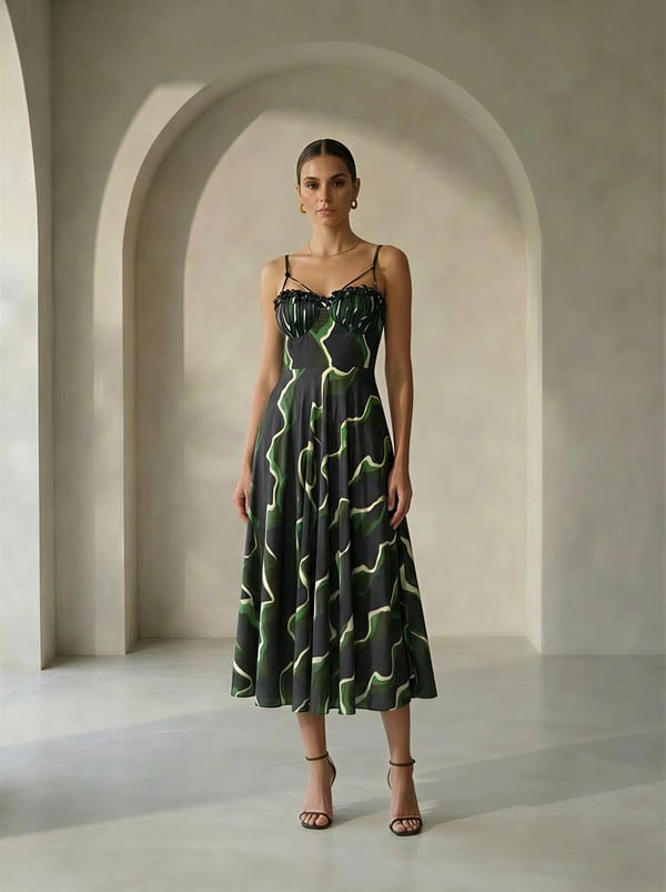 Green Placement Print Fit and Flare Midi Dress — Missy Co.