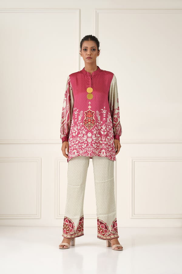Deep Rose and Beige Modal Satin Printed Co-ord Set — NEETIKA CHOPRA