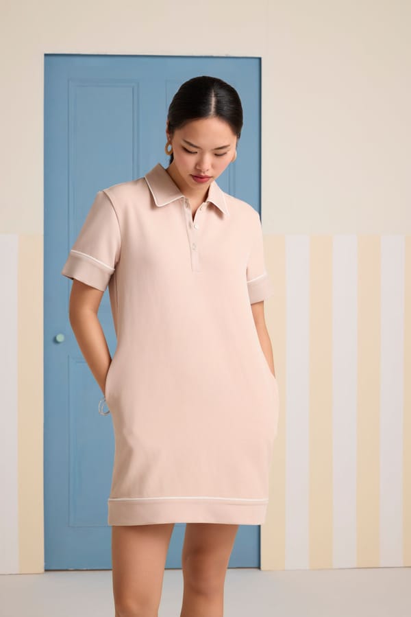 Beige Polo Collar Mini Shift Dress with Contrast Piping — Muvazo