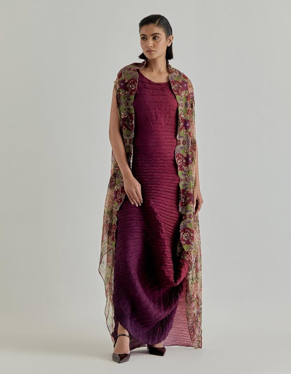Rosette Nomad Cape Paired With Crinkle Dress — Kavita Bhartia