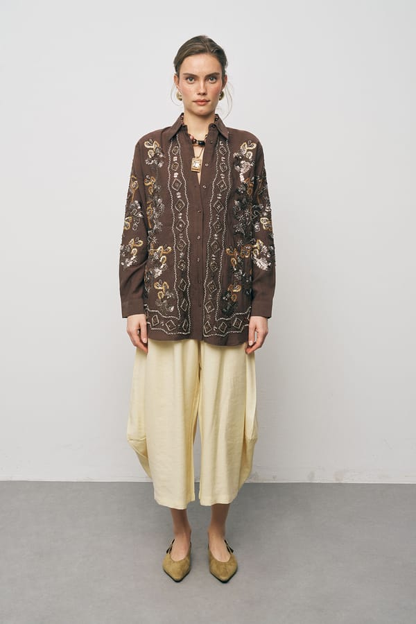 Brown Embellished Longline Button-Down Shirt — THE LUXURY DRESSING