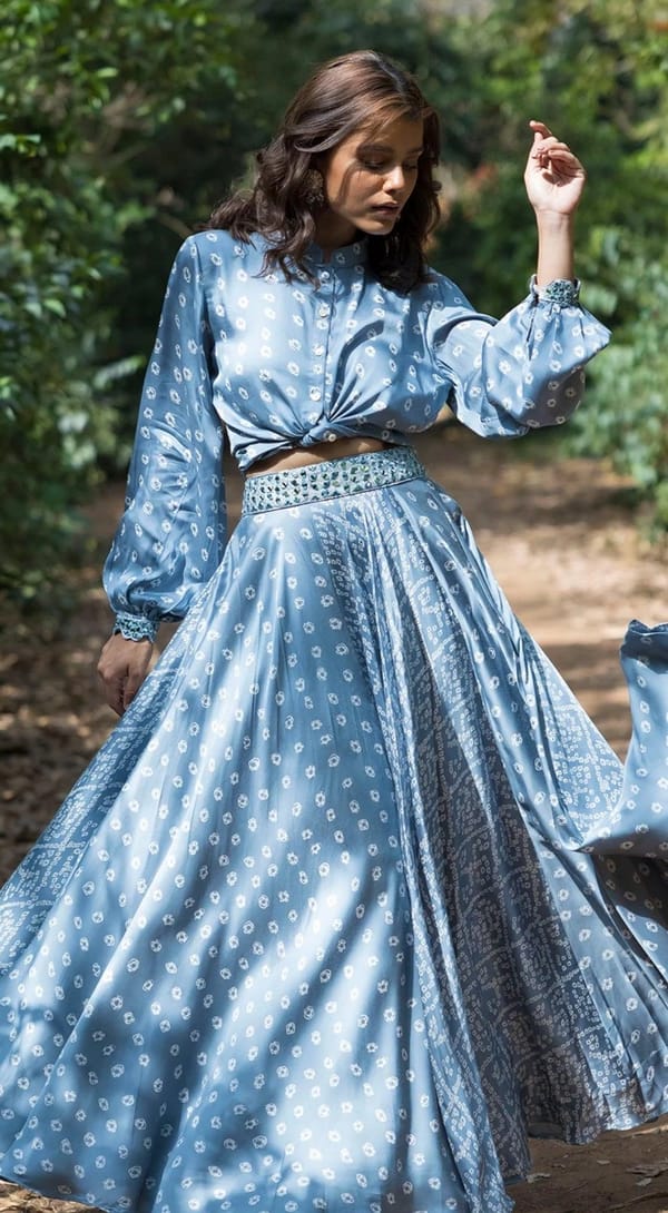 Blue Printed Satin Lehenga Set with Mirror Waistband — Basanti Kapde aur Koffee