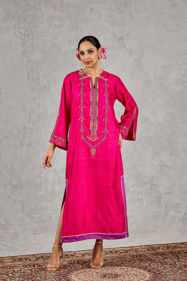 Hot Pink Silk Embroidered Kaftan with Contrast Border — SHIVANI BHARGAVA
