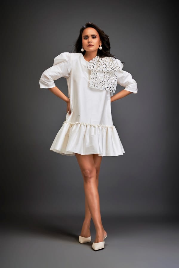 Mini Dress With Ruffled Hem And Metallic Applique Shoulder Detailing — Deepika Arora