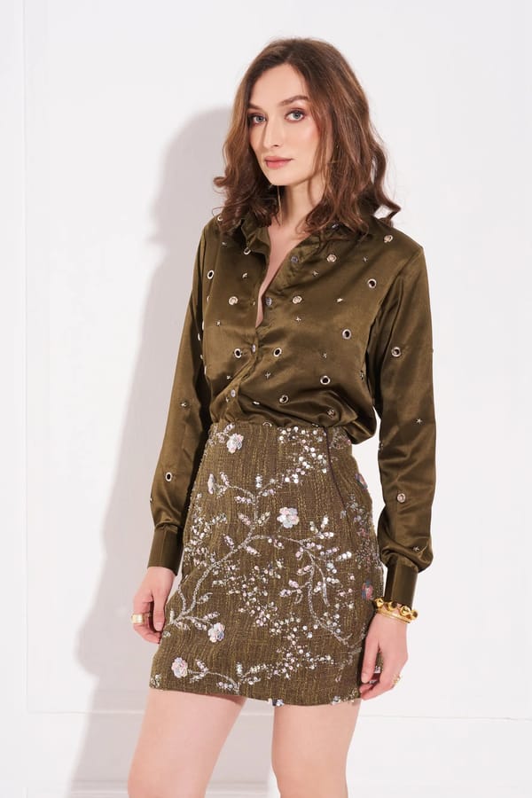 Green Satin Rivet-Embellished Button-Down Shirt — Torqadorn