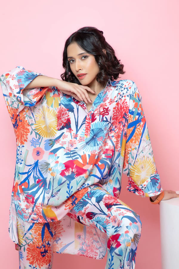 Multicolor Floral Oversized High-Low Button-Down Shirt — Rhe-Ana