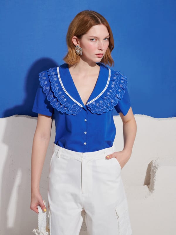 Cobalt Blue Embroidered Ruffle Collar Button-Down Blouse — SISTER JANE