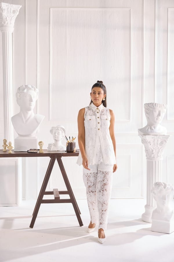 White Lace Sleeveless Shirt and Wide-Leg Pants Co-ord Set — Shivya K