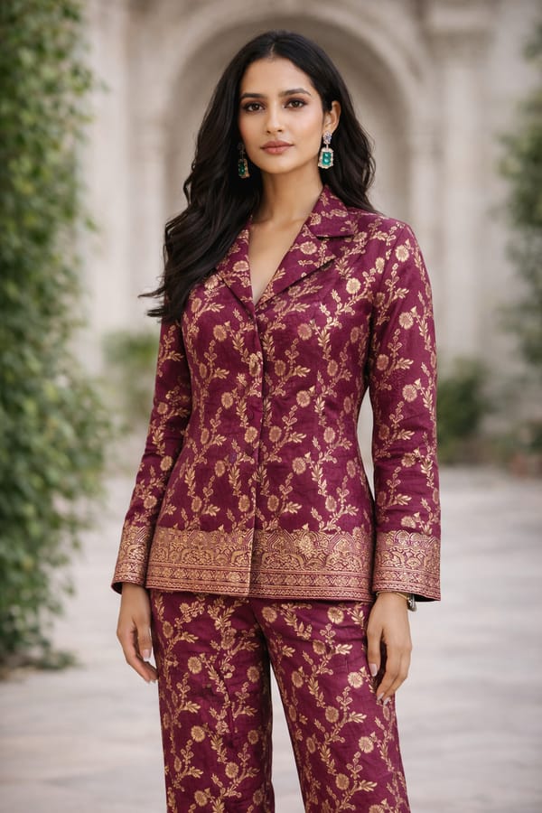 Wine Brocade Co-ord Set with Gold Woven Motifs — Design By Queen Bee