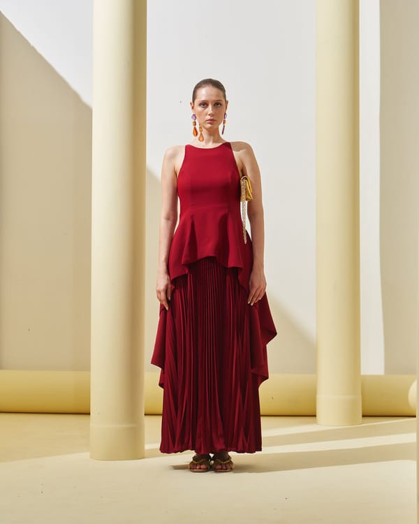 Maroon Sleeveless Boat Neck Pleated Maxi Gown — Pleats by Aruni