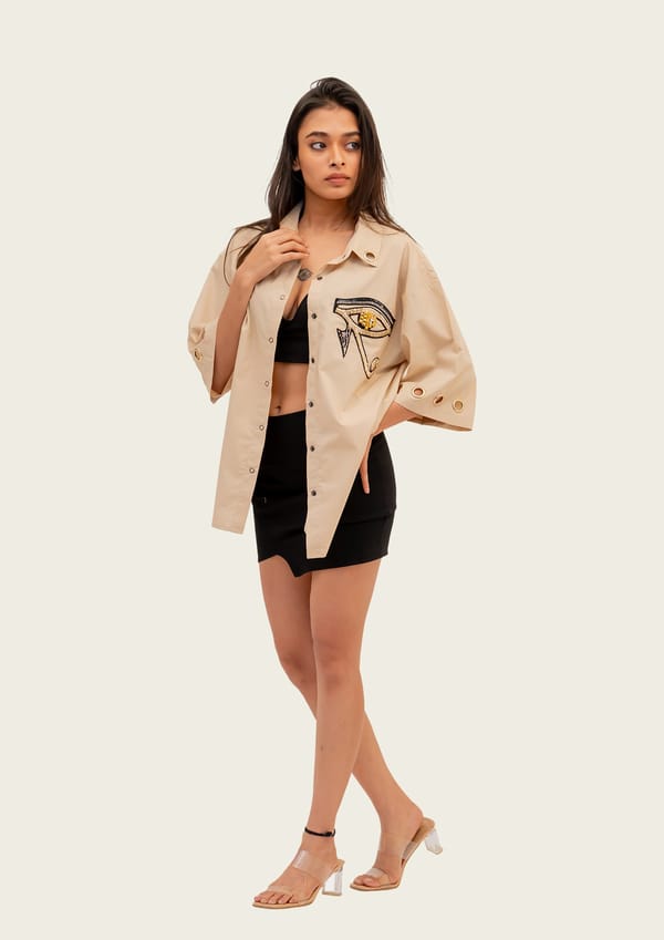 Beige Cotton Oversized Shirt with Embroidery — Richa Goenka