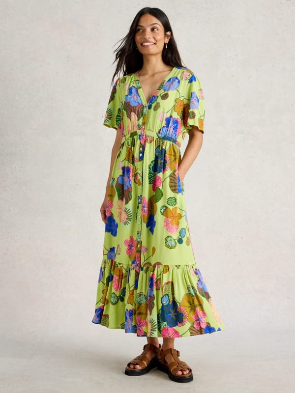Green Floral Button-Through Tiered Midi Dress — White Stuff