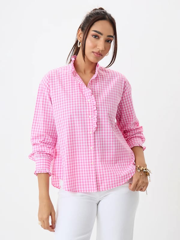 Pink Gingham Frill Detail Shirt — Femmella
