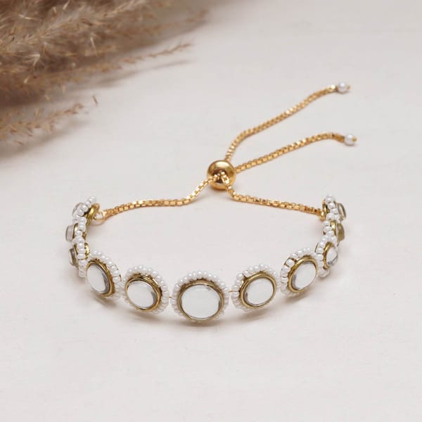 Golden Circular Kundan With White Pearls Adjustable Bracelet — BeAbhika