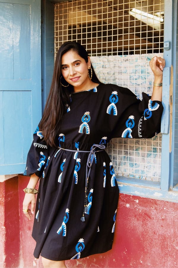 Black Tribal Print Smock Mini Dress with Balloon Sleeves — JODI