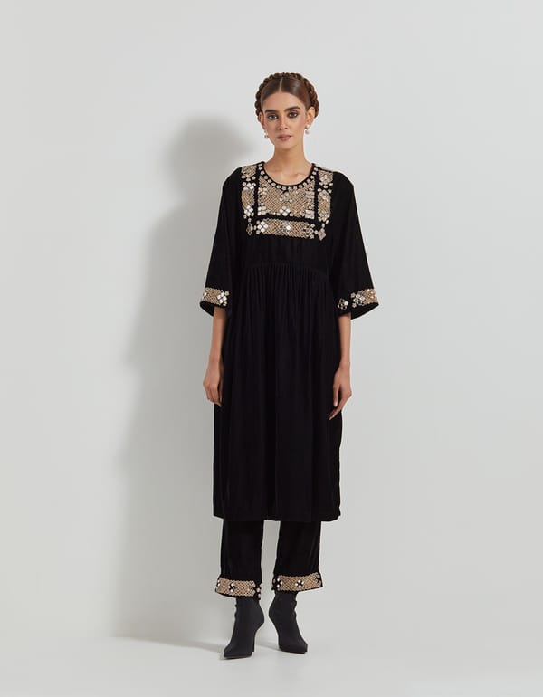 Black Velvet Mirror-Work Tunic and Straight Pants Set — Kavita Bhartia