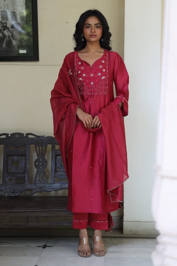 Magenta Pink Embroidered Yoke Chanderi Kurta Set — Tatwa Designs