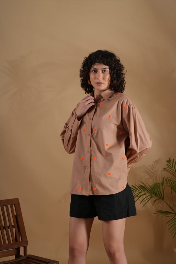 Coffee Oversized Embroidered Heart Shirt — Brand New Brand