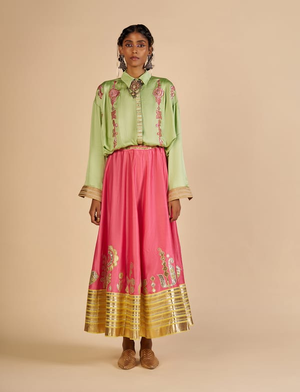 Pink Silk Chanderi Maxi Skirt with Gota Border — Gulabo by Abu Sandeep
