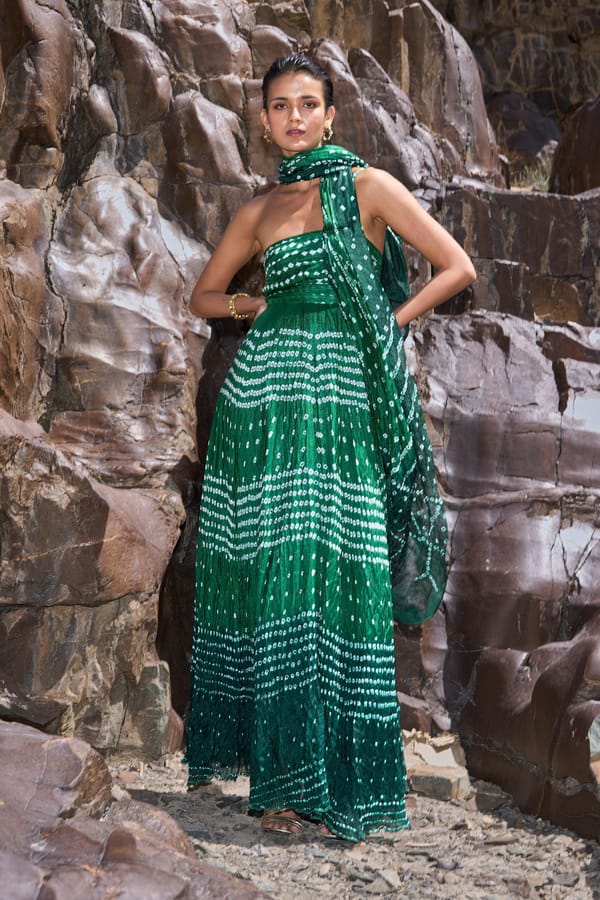 Green Bandhani One-Shoulder Draped Maxi Gown — Dash and Dot
