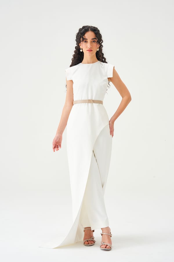 Ivory Terry Rayon Co-ord Set with Asymmetric Drape — NOTEBOOK