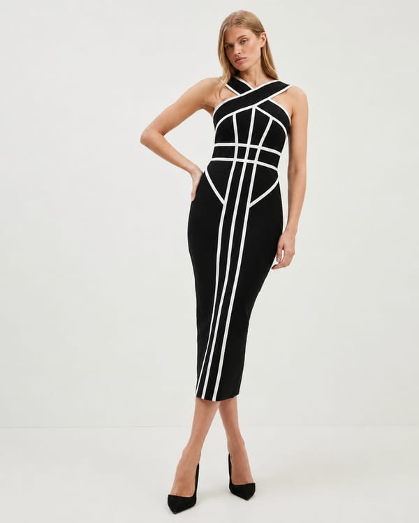 Mono Bandage Knit Bodycon Midi Dress with Contrast Lines — KAREN MILLEN