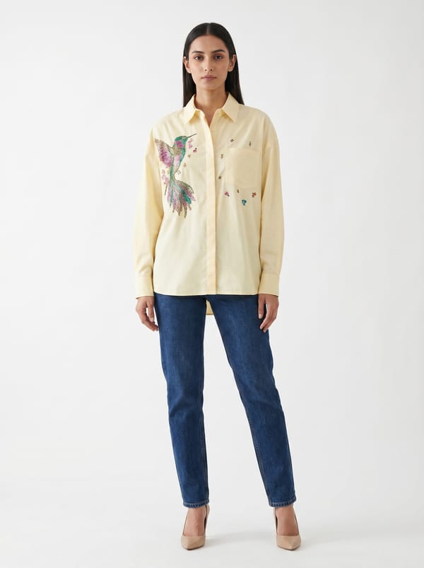 Pastel Yellow Embroidered Button-Down Cotton Shirt — THE LUXURY DRESSING